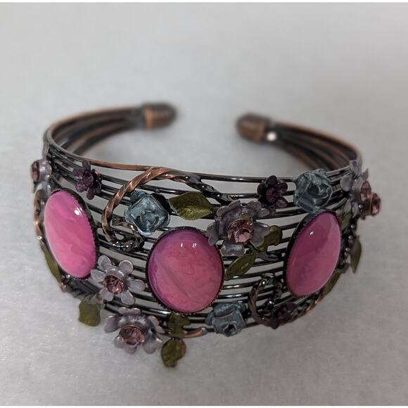 Cuff bracelet S/M pink cabochons Ename,l rhinestones see photos for measurements - Picture 8 of 13